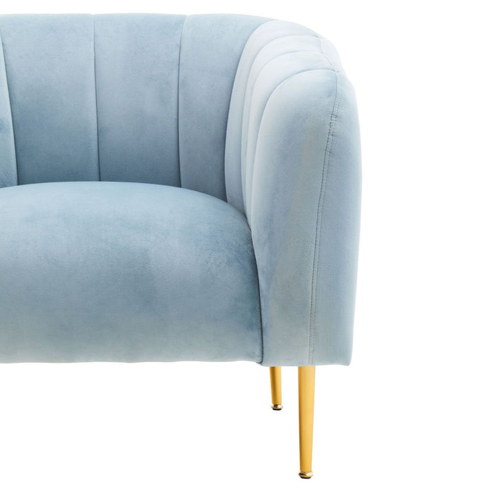 Aqua Blue Velvet Channel Tufting Foam Cushioned Armchair with Gold Legs