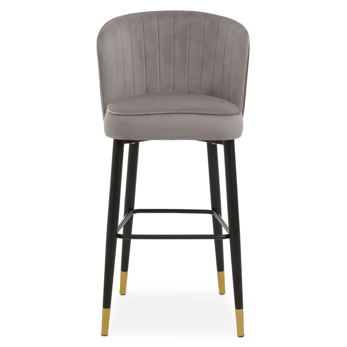 Grey Velvet Upholstered Curved Bar Stool with Pointed Black Gold Dipped Legs