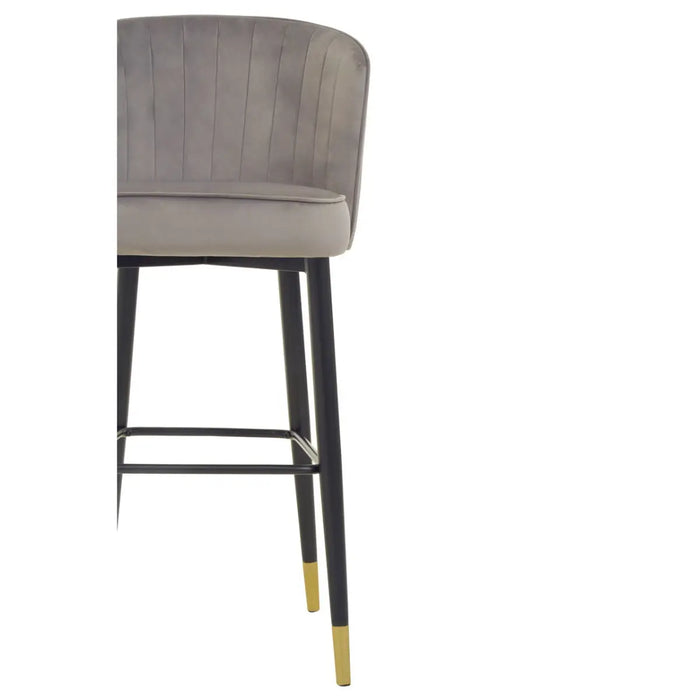 Grey Velvet Upholstered Curved Bar Stool with Pointed Black Gold Dipped Legs