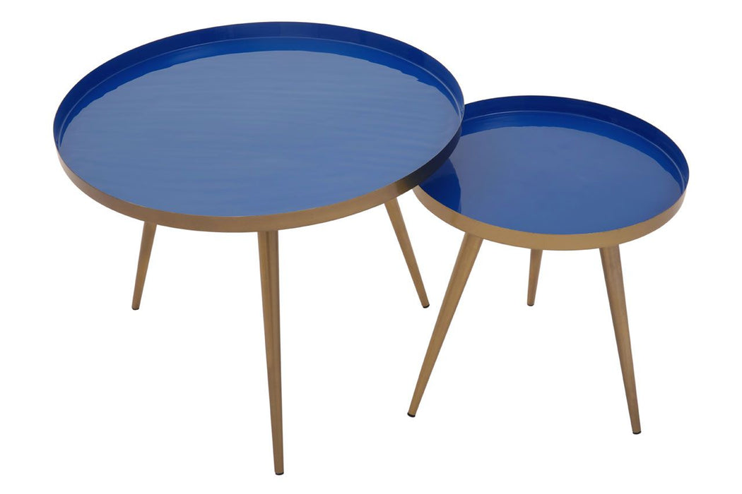 Round Blue Enamel Nest of Tables with Matt Gold Legs