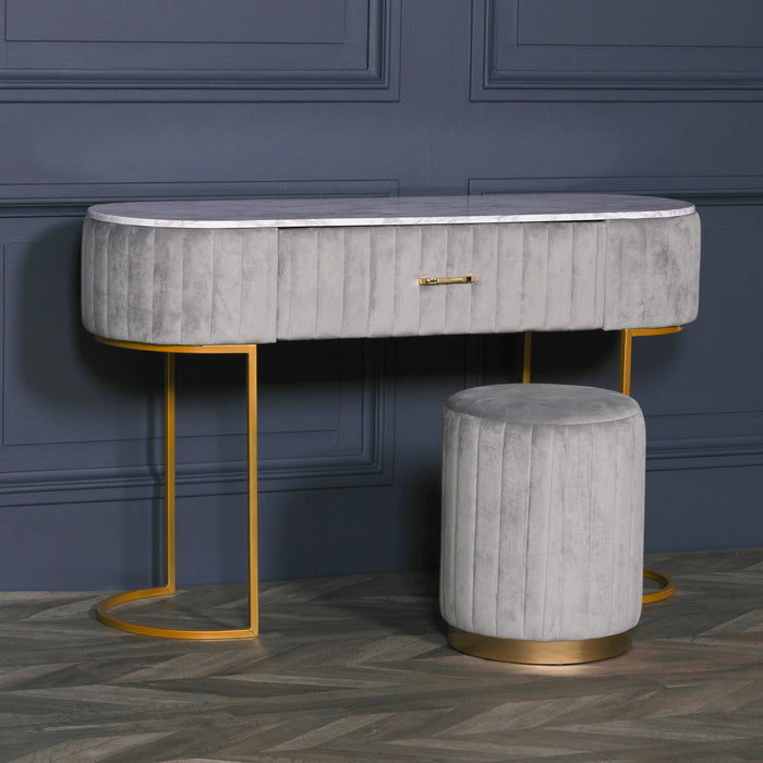 Deco Grey Upholstered Marble Dressing Table with Gold Legs - Modern Home Interiors