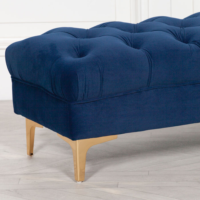Blue Velvet Buttoned Ottoman Stool with Gold Legs - Modern Home Interiors