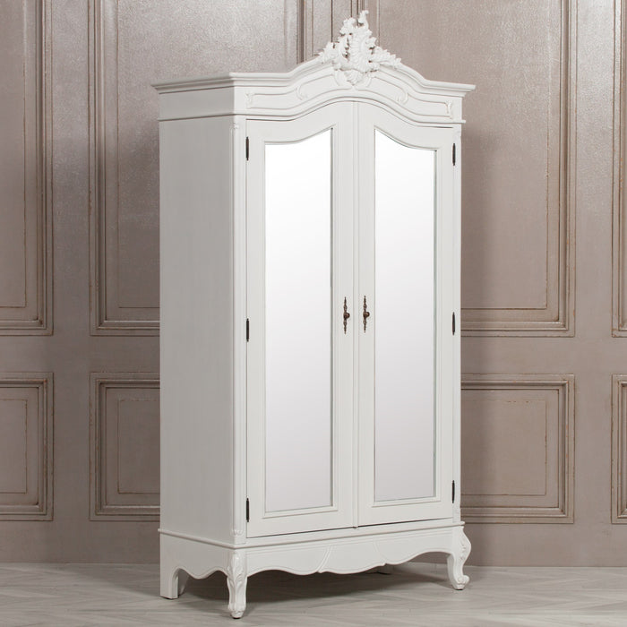 French Style White Carved Double Full Mirrored Armoire Wardrobe