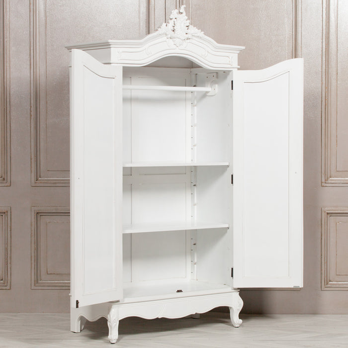 French Style White Carved Double Full Mirrored Armoire Wardrobe