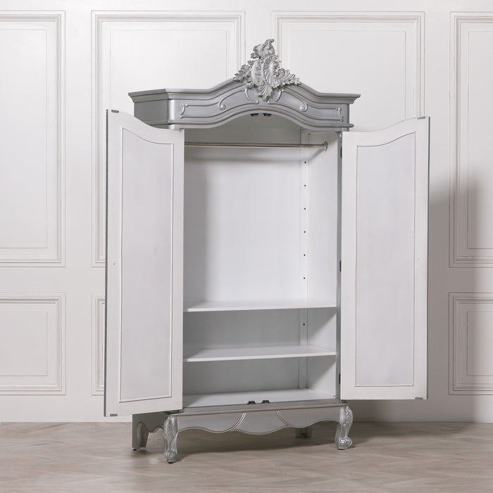 French Style Silver Carved Double Full Mirrored Armoire