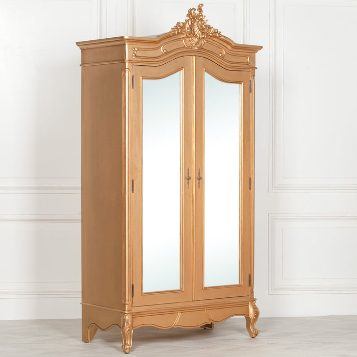 French Style Gold Carved Double Full Mirrored Armoire Wardrobe