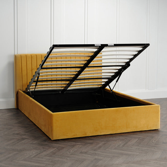 Berlin Mustard Velvet Bed Frame + Ottoman Lift-Up Storage