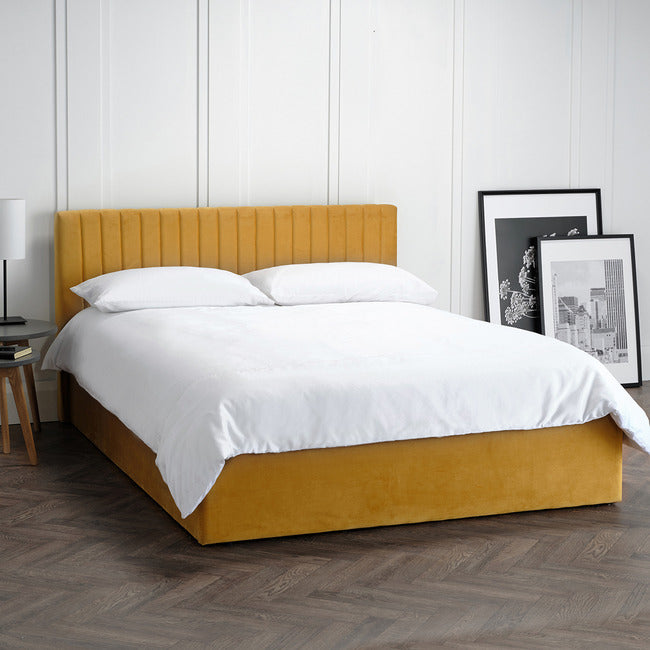 Berlin Mustard Velvet Bed Frame + Ottoman Lift-Up Storage