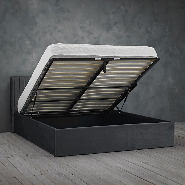 Berlin Silver Grey Velvet Bed Frame + Ottoman Lift-Up Storage