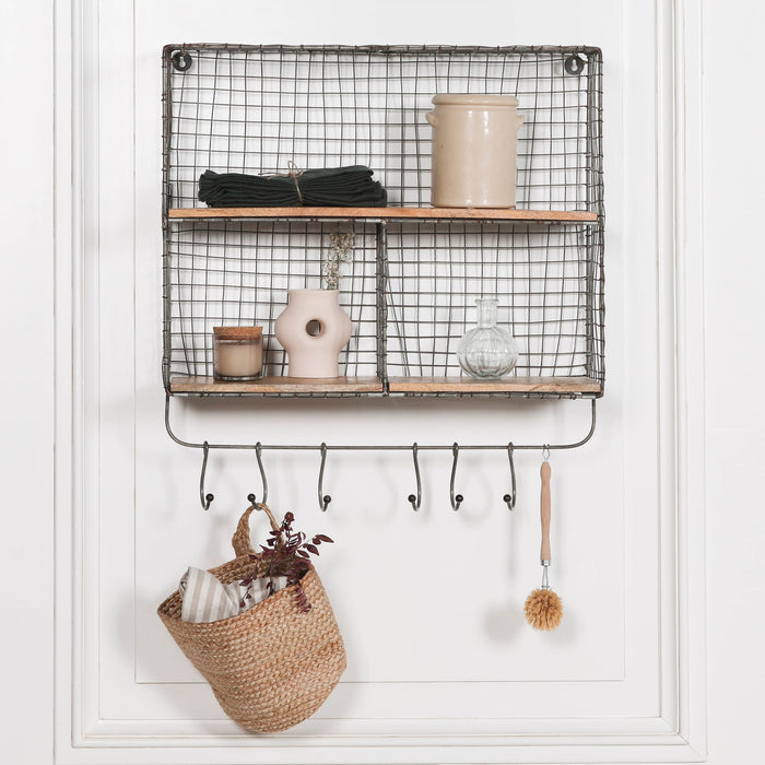 Iron Wire 3 Compartment Wall Shelf with Mango Wood Shelves and Hooks