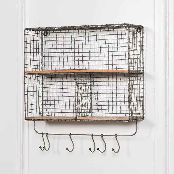 Iron Wire 3 Compartment Wall Shelf with Mango Wood Shelves and Hooks
