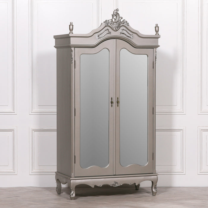 French Antique Silver Double Mirrored Door Armoire Wardrobe