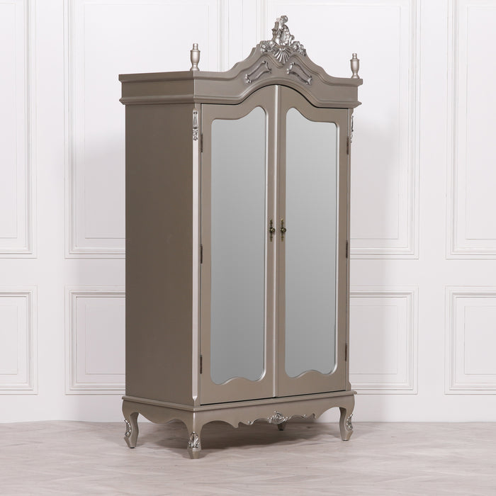 French Antique Silver Double Mirrored Door Armoire Wardrobe