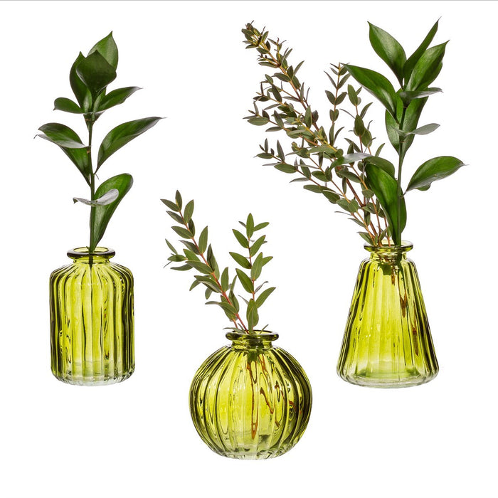 Set Of 3 Glass Bud Vases - Olive Green
