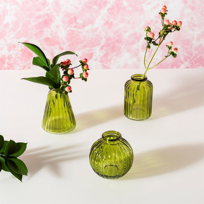 Set Of 3 Glass Bud Vases - Olive Green