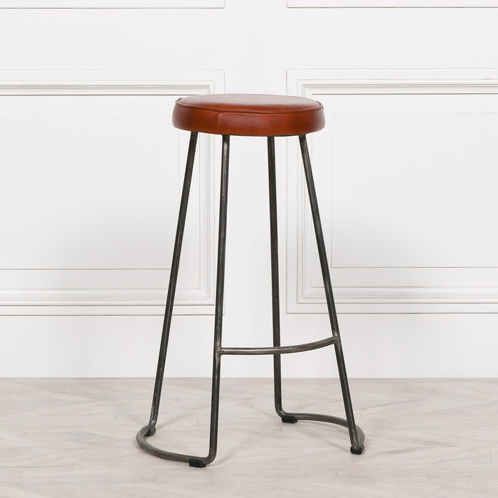 Vintage Style Genuine Leather Industrial Bar Stool with Iron Frame