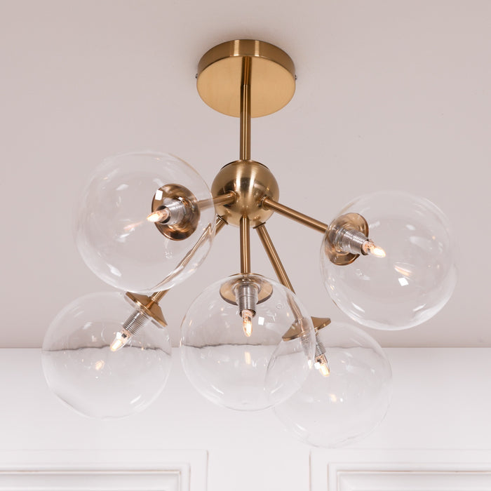 Satin Gold Art Deco 5 Arm Sputnik Glass Ball Ceiling Light