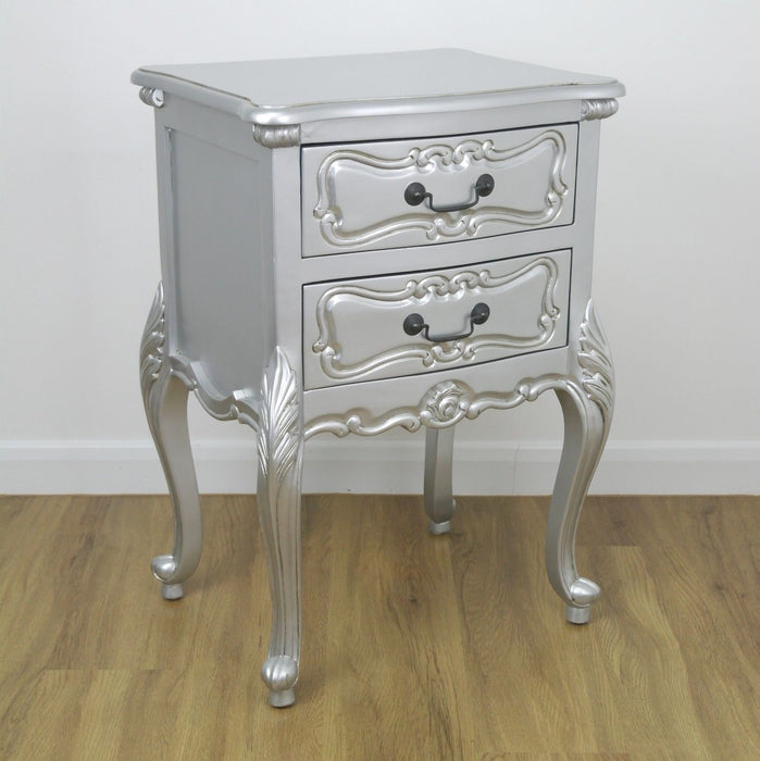 Rococo Silver Carved Bedside Table With 2 Drawers