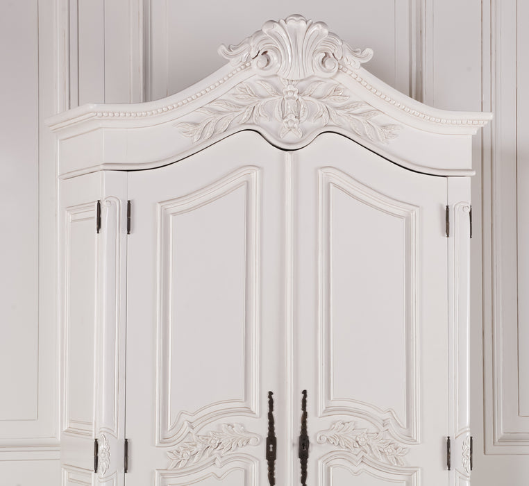 Wooden Carved French Chateau White Double Armoire Wardrobe