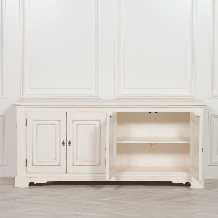 Distressed Aged White Brush Painted Classical Sideboard - 200cm - Modern Home Interiors