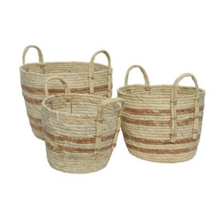 Set of Three Round Stripped Baskets in Cornleaf Fabric, 26cm