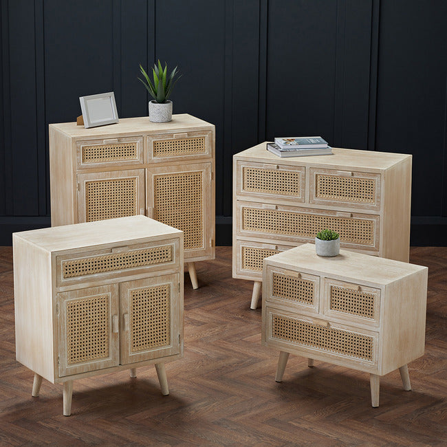 Toulouse 3 Drawer Padstow Bedside Cabinet Light Washed Oak with Rattan Style Panels