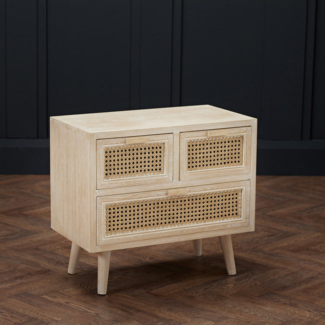 Toulouse 3 Drawer Padstow Bedside Cabinet Light Washed Oak with Rattan Style Panels