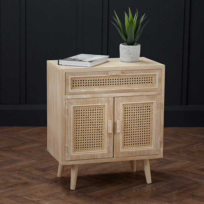Toulouse 2 Door 1 Drawer Padstow Cabinet Light Washed Oak with Rattan Style Panels