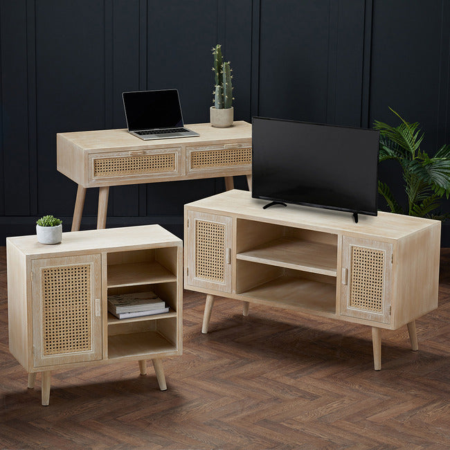 Toulouse 2 Drawer Padstow Desk Light Washed Oak with Rattan Style Panels