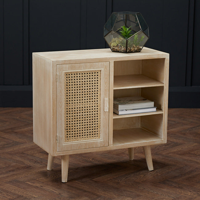 Toulouse 1 Door Open Padstow Cabinet Light Washed Oak with Rattan Style Panels