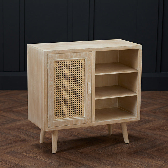 Toulouse 1 Door Open Padstow Cabinet Light Washed Oak with Rattan Style Panels