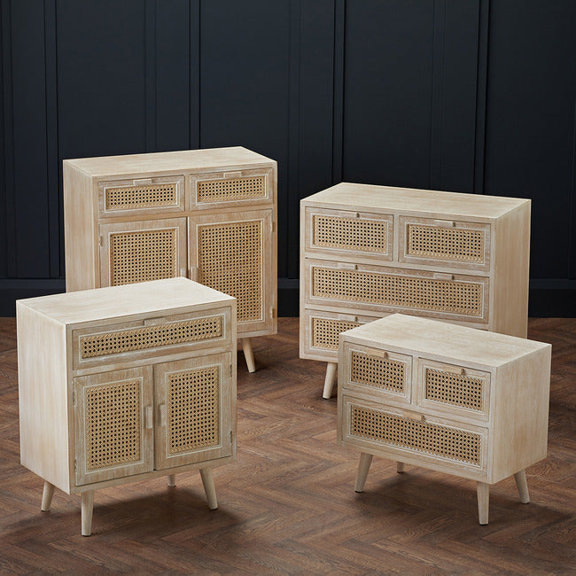Toulouse 2 Door 2 Drawer Padstow Sideboard Light Washed Oak with Rattan Style Panels