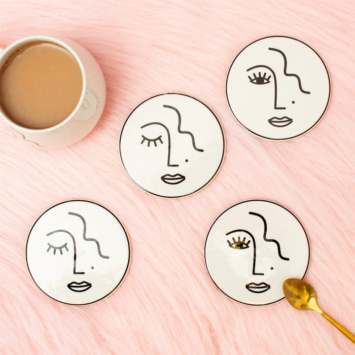 Abstract Face White Porcelain Coasters - Set Of 4